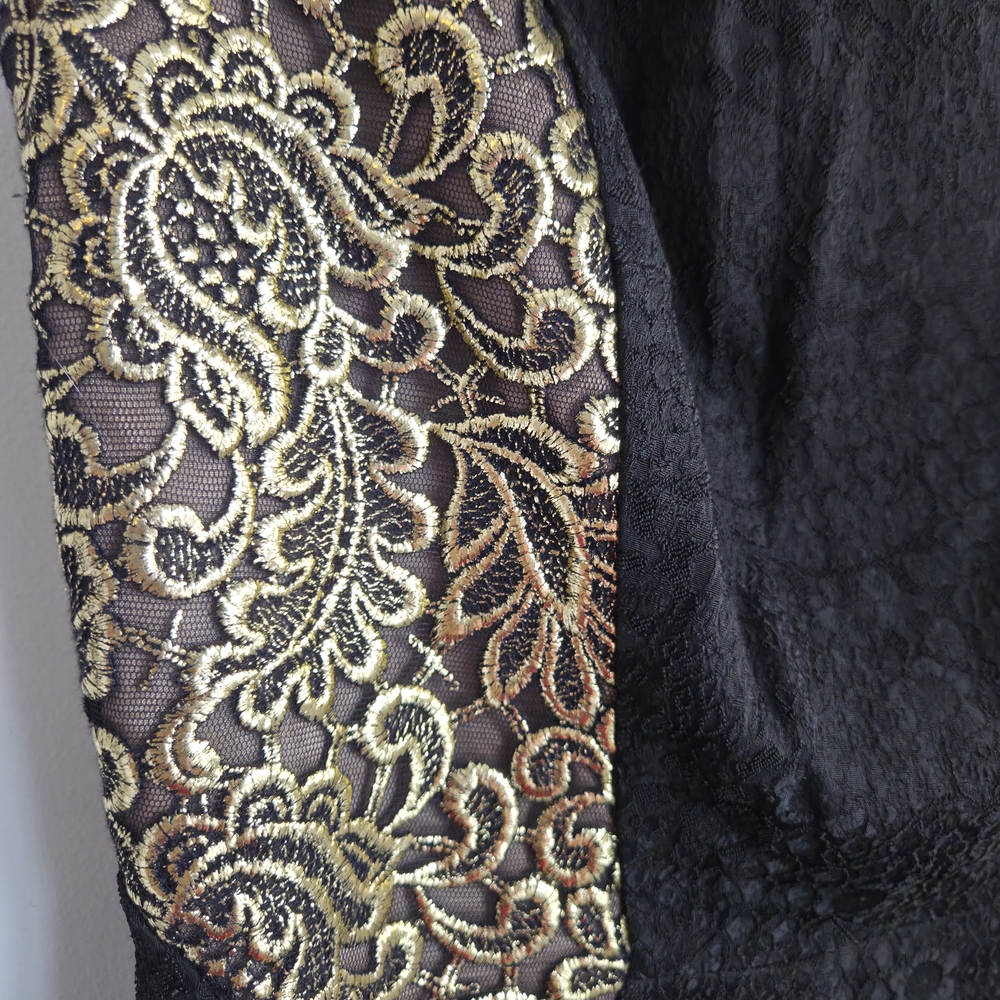 Carmen Marc Valvo Formal Black Gold Panel Brocade Bodycon Cocktail Dress Size 6 - Picture 8 of 11